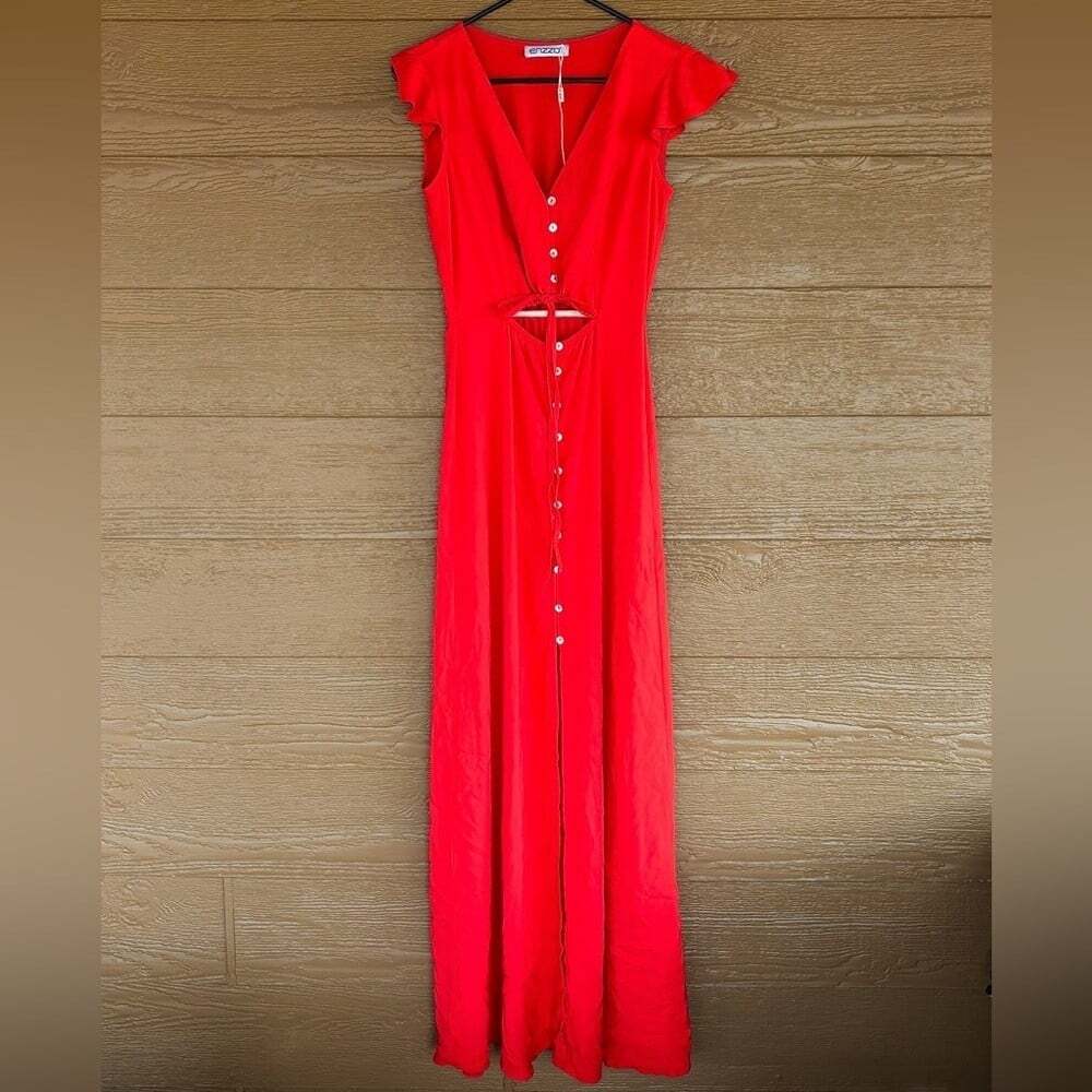 Boutique Enzzo Red Button-Front Maxi Dress with Midriff Cutout NWT Sz S